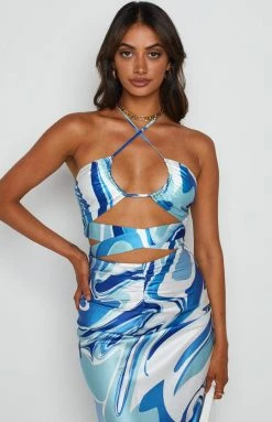 Beginning Boutique Cocktail Dresses Dobyn Blue Printed Top