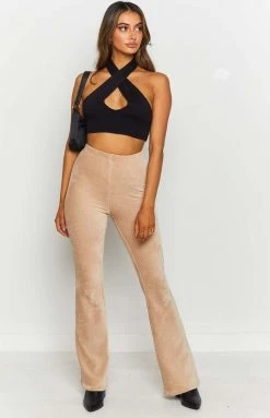 Beginning Boutique Drop It Low Wide Leg Ribbed Pants Beige Bottoms