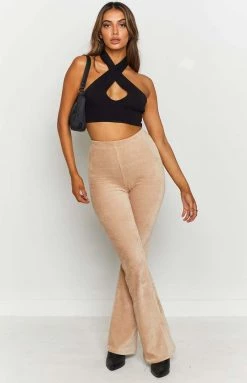 Beginning Boutique Drop It Low Wide Leg Ribbed Pants Beige Bottoms