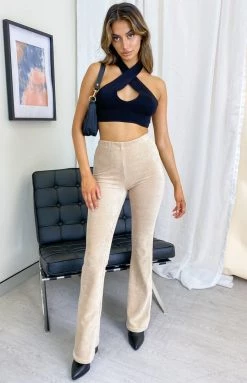 Beginning Boutique Drop It Low Wide Leg Ribbed Pants Beige Bottoms