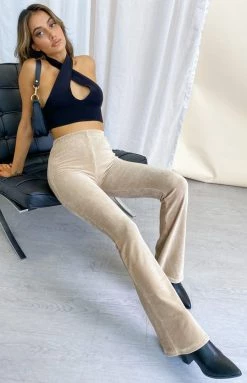 Beginning Boutique Drop It Low Wide Leg Ribbed Pants Beige Bottoms