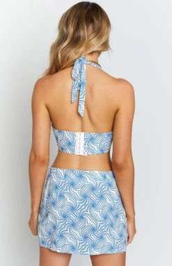 BB Exclusive Tops Elodie Blue Print Halter Crop Top