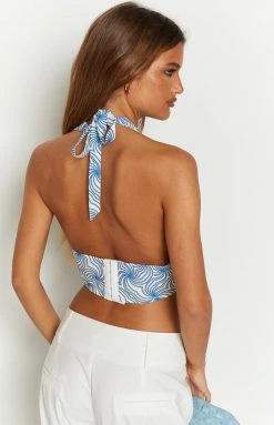 BB Exclusive Tops Elodie Blue Print Halter Crop Top