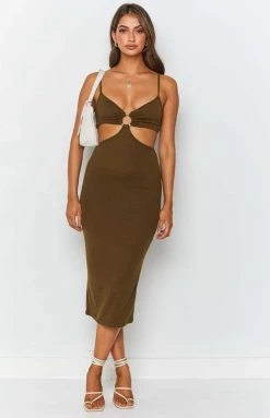Beginning Boutique Enny Cut Out Midi Dress Khaki