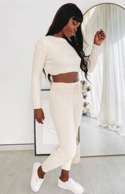 Beginning Boutique Fantasy Ribbed Pants Beige Bottoms