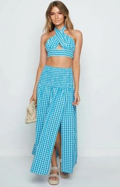 Beginning Boutique Fletcher Blue Check Halter Top Tops