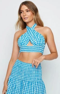 Beginning Boutique Fletcher Blue Check Halter Top Tops