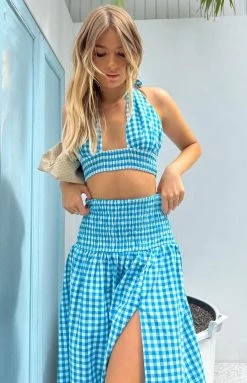 Beginning Boutique Fletcher Blue Check Halter Top Tops