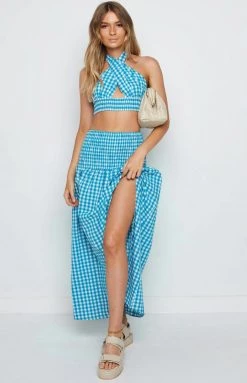 Beginning Boutique Bottoms Fletcher Blue Check Midi Skirt