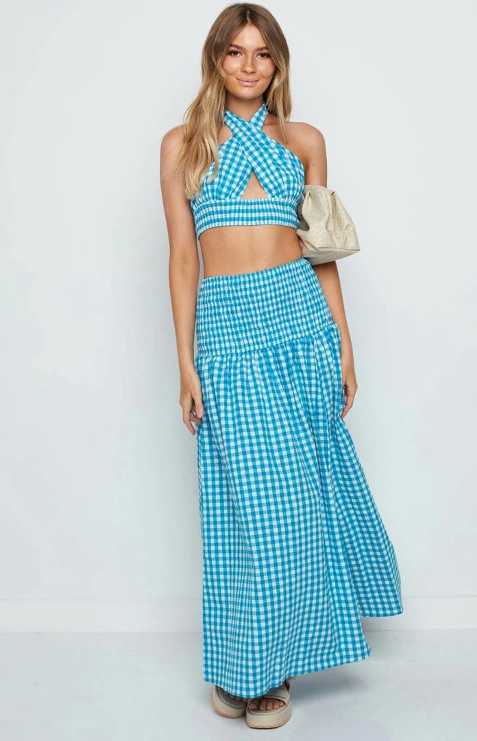 Beginning Boutique Bottoms Fletcher Blue Check Midi Skirt 3 Beginning Boutique Bottoms Fletcher Blue Check Midi Skirt