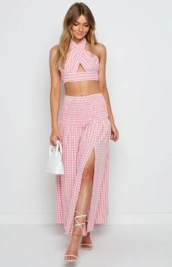 Beginning Boutique Fletcher Pink Check Midi Skirt Bottoms