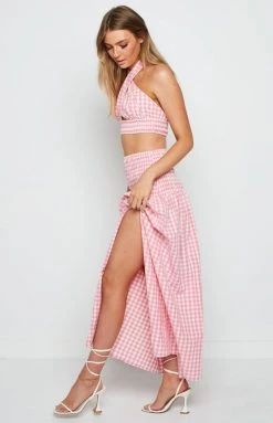 Beginning Boutique Fletcher Pink Check Midi Skirt Bottoms