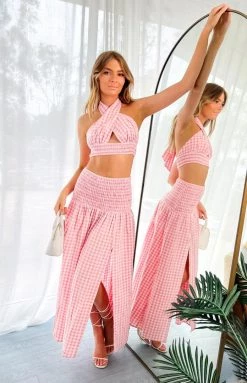 Beginning Boutique Fletcher Pink Check Midi Skirt Bottoms