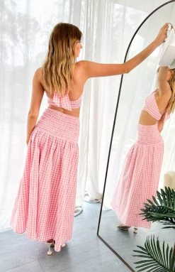 Beginning Boutique Fletcher Pink Check Midi Skirt Bottoms