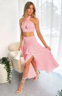 Beginning Boutique Fletcher Pink Check Midi Skirt Bottoms