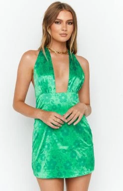 BB Exclusive Dresses Flower Power Green Halter Mini Dress