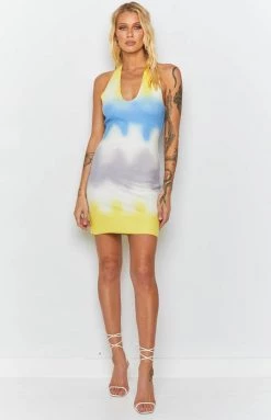 Beginning Boutique Graffiti Halter Mini Dress Yellow Dresses