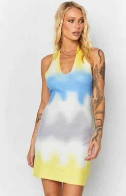 Beginning Boutique Graffiti Halter Mini Dress Yellow Dresses