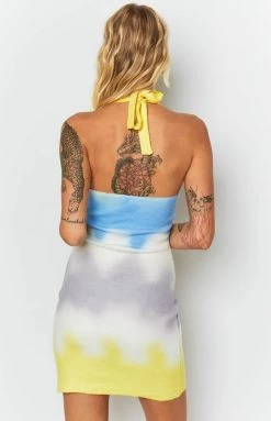 Beginning Boutique Graffiti Halter Mini Dress Yellow Dresses
