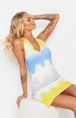 Beginning Boutique Graffiti Halter Mini Dress Yellow Dresses