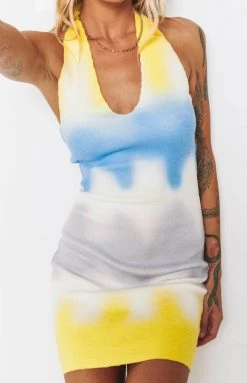 Beginning Boutique Graffiti Halter Mini Dress Yellow Dresses