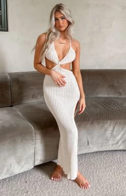 BB Exclusive Hallie Cream Knit Cut Out Midi Dress