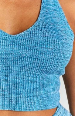 Beginning Boutique Hawaiian Knitted Halter Crop Top Blue Tops