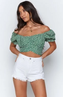 Beginning Boutique Heritage Wrap Top Green Floral Tops