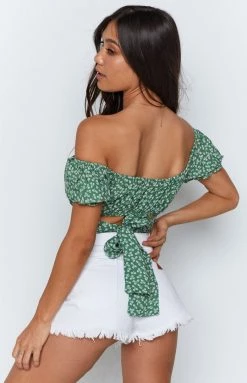 Beginning Boutique Heritage Wrap Top Green Floral Tops