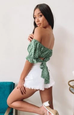 Beginning Boutique Heritage Wrap Top Green Floral Tops