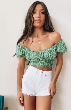 Beginning Boutique Heritage Wrap Top Green Floral Tops