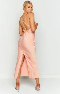 BB Exclusive Dresses Hermitude Peach Satin Formal Dress