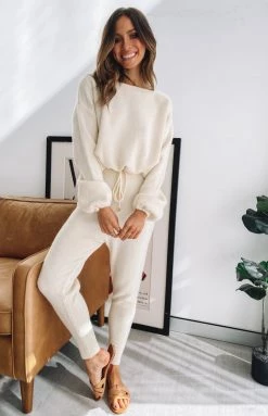 Beginning Boutique Bottoms Home Girl Knit Track Pants Cream