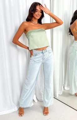 BB Exclusive Ibiza Olive Satin Strapless Top Tops