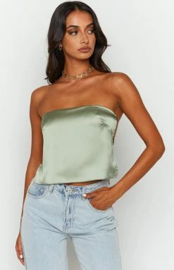 BB Exclusive Ibiza Olive Satin Strapless Top Tops