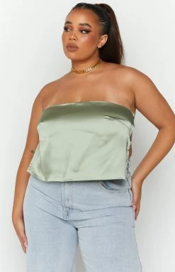 BB Exclusive Ibiza Olive Satin Strapless Top Tops
