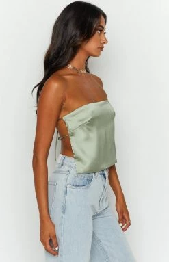 BB Exclusive Ibiza Olive Satin Strapless Top Tops