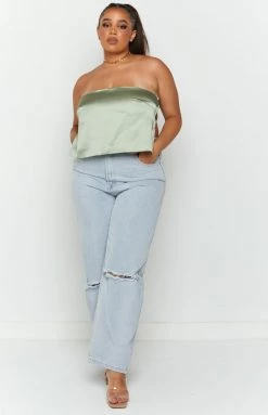 BB Exclusive Ibiza Olive Satin Strapless Top Tops