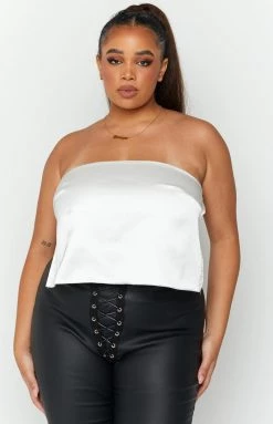BB Exclusive Tops Ibiza White Satin Strapless Top