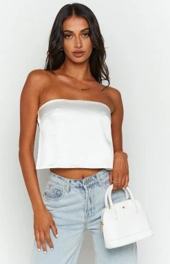 BB Exclusive Tops Ibiza White Satin Strapless Top