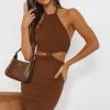 Beginning Boutique India Twist Front Mini Knit Dress Chocolate Dresses