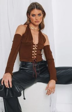 Beginning Boutique Jacinta Lace Up Top Brown Tops