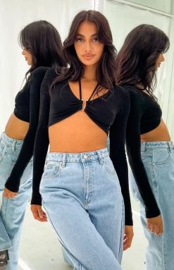 BB Exclusive New Jauqi Black Long Sleeve Halter Top