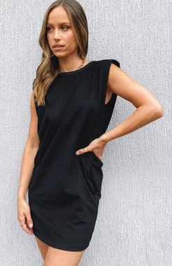 Beginning Boutique Jericho Padded Shoulder T-shirt Dress Black Dresses
