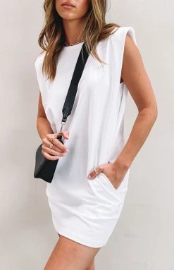 Beginning Boutique Jericho Padded Shoulder T-shirt Dress White Dresses