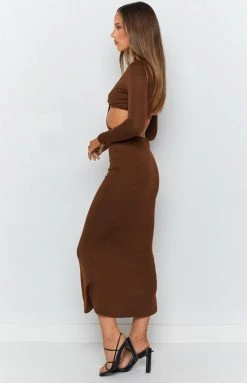 Beginning Boutique Joey Side Cut Out Midi Dress Brown Dresses