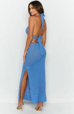 BB Exclusive Julia Crochet Blue Halter Midi Dress Dresses