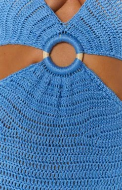 BB Exclusive Julia Crochet Blue Halter Midi Dress Dresses