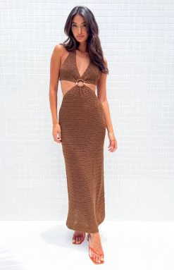 BB Exclusive Dresses Julia Crochet Halter Midi Dress Brown
