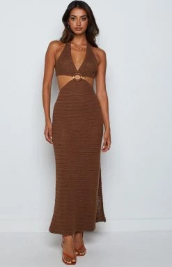 BB Exclusive Dresses Julia Crochet Halter Midi Dress Brown